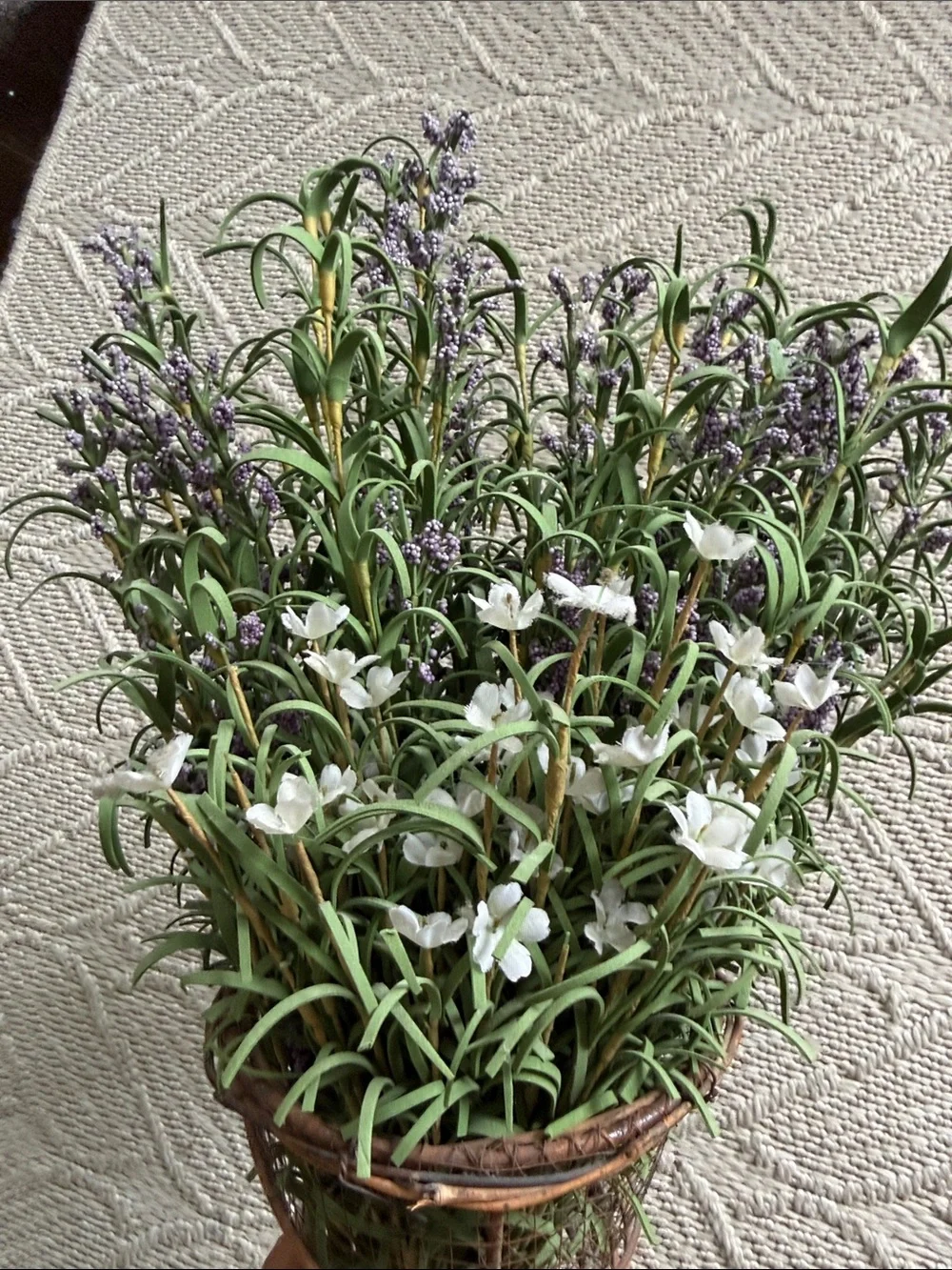 Rustic Wire and Twine Cone Hanging Bouquet Basket Faux Lavender Florals